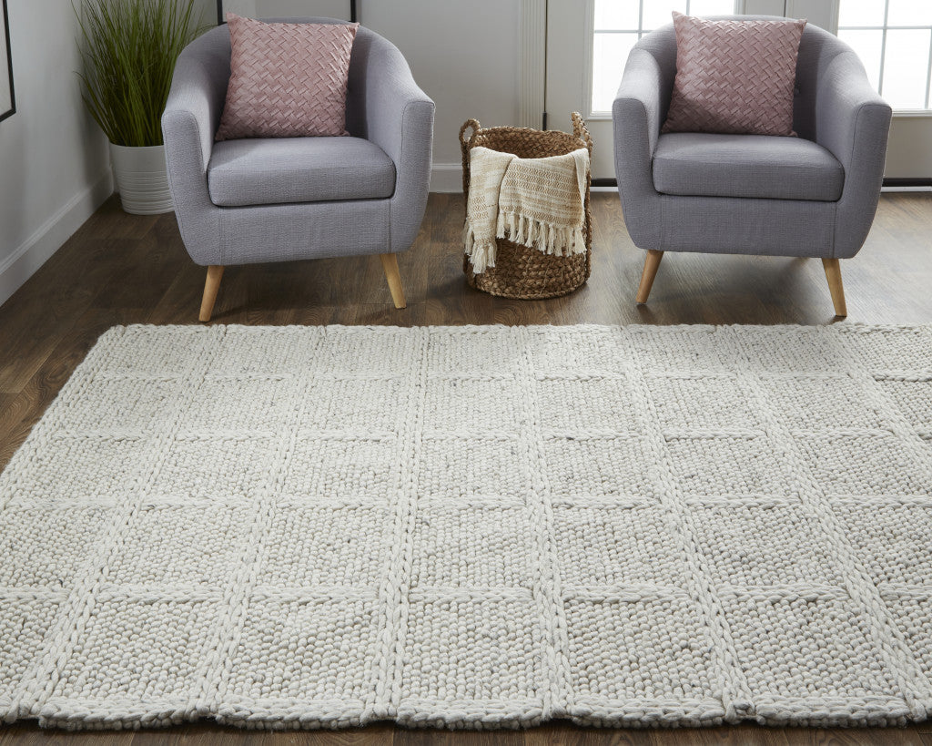 10' X 13' Ivory And Gray Wool Plaid Hand Woven Stain Resistant Area Rug