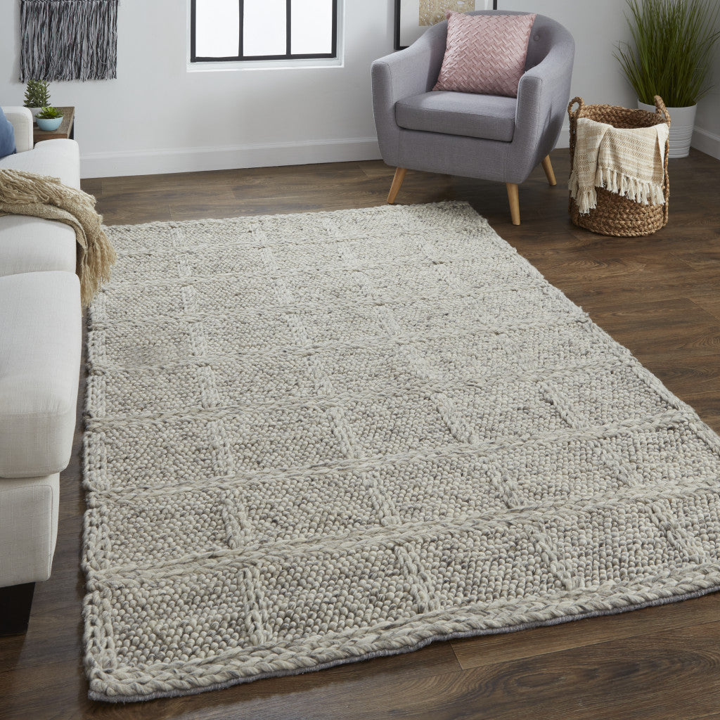 8' X 11' Ivory Gray And Black Wool Plaid Hand Woven Stain Resistant Area Rug