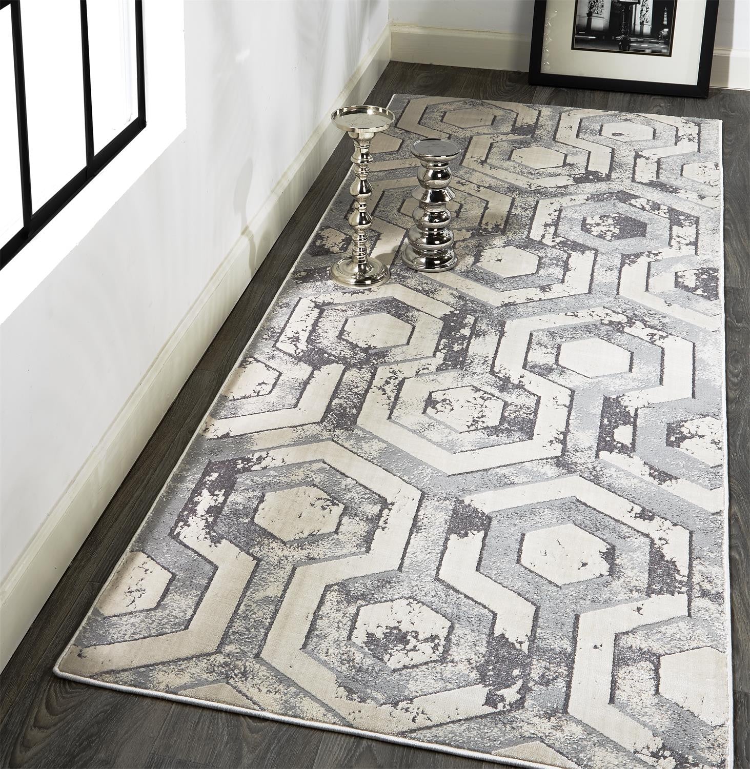 8' Gray Taupe And Silver Abstract Runner Rug