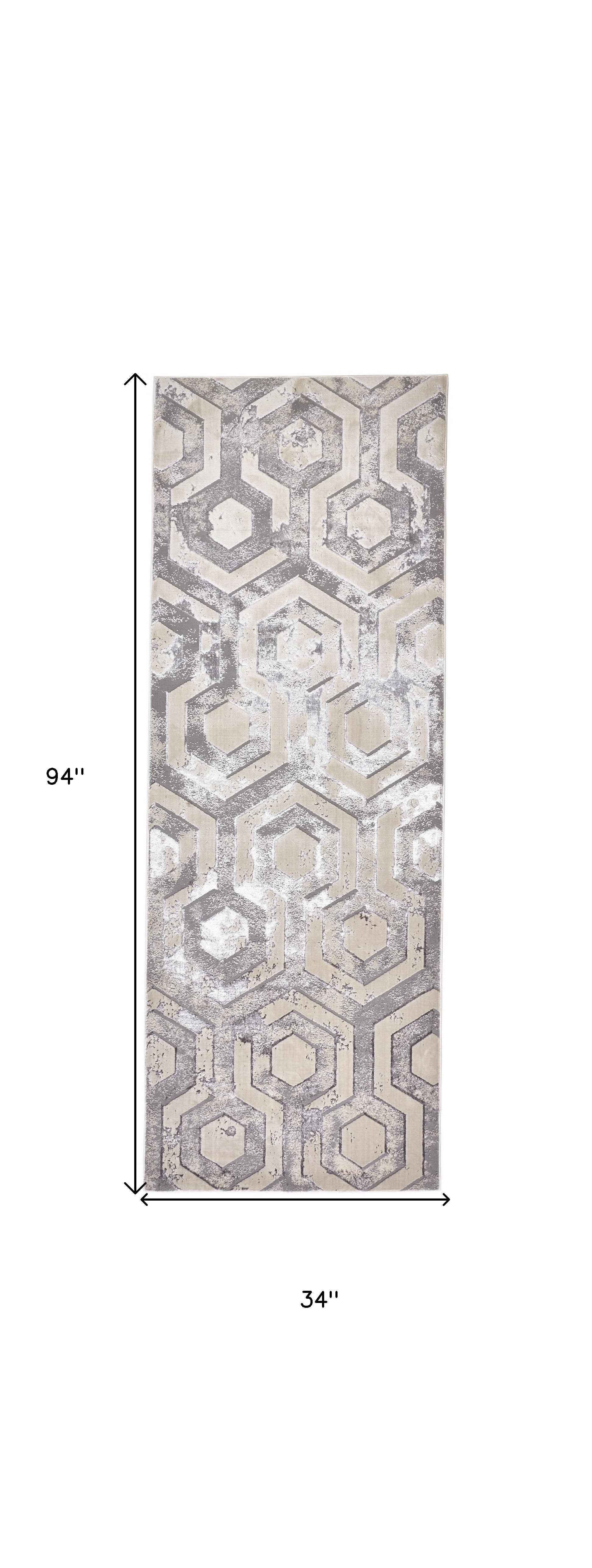 8' Gray Taupe And Silver Abstract Runner Rug