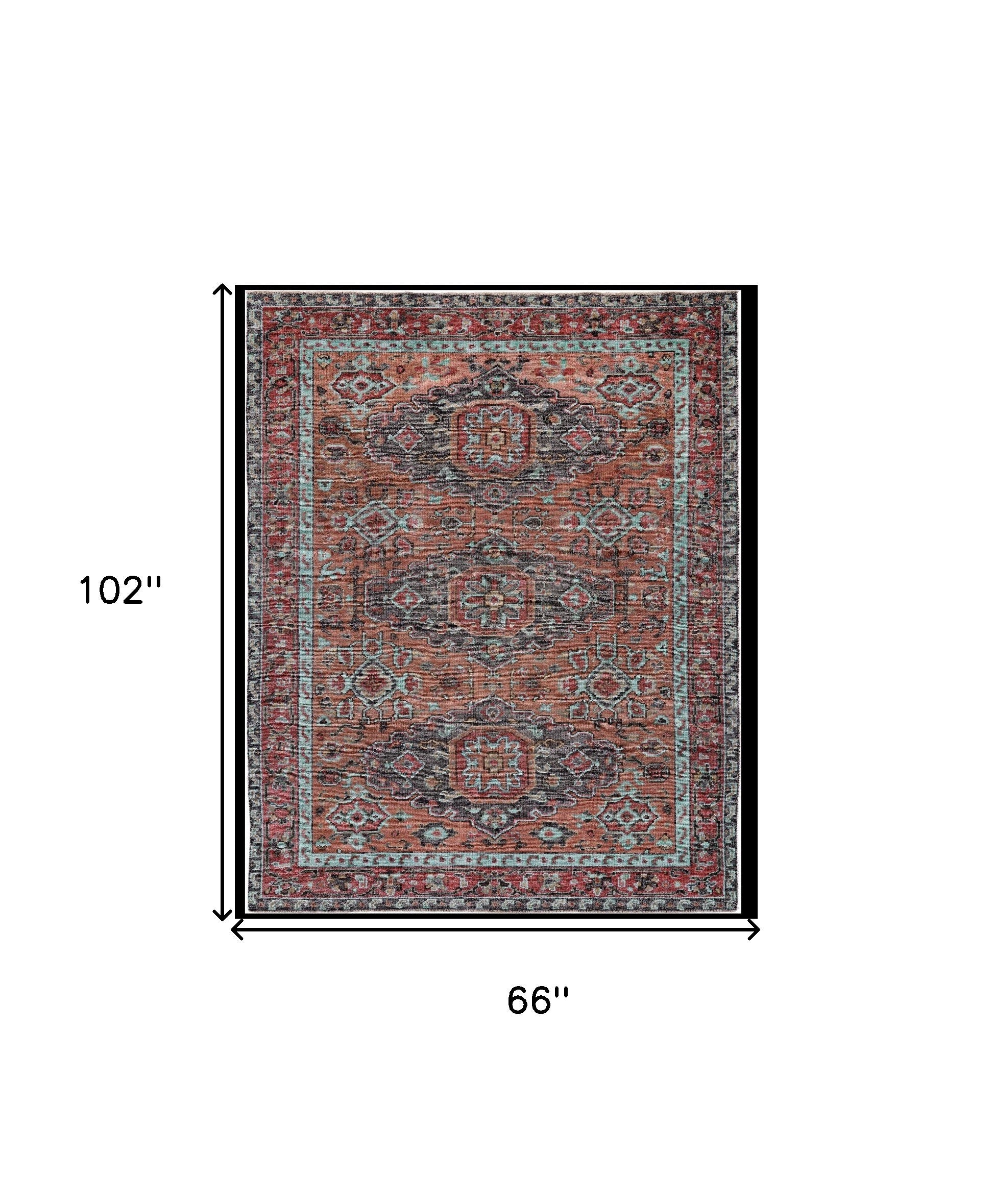 5' x 8' Blue and Red Wool Floral Hand Knotted Distressed Area Rug