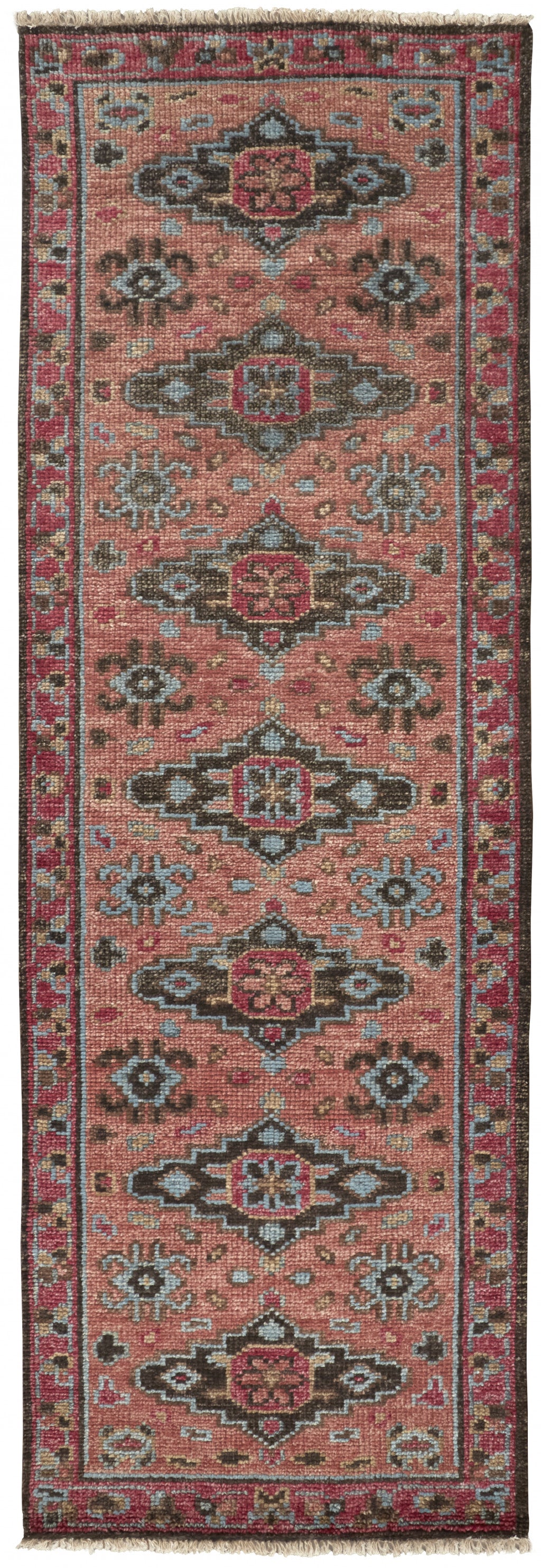 8' Red Orange Wool Floral Hand Knotted Distressed Runner Rug