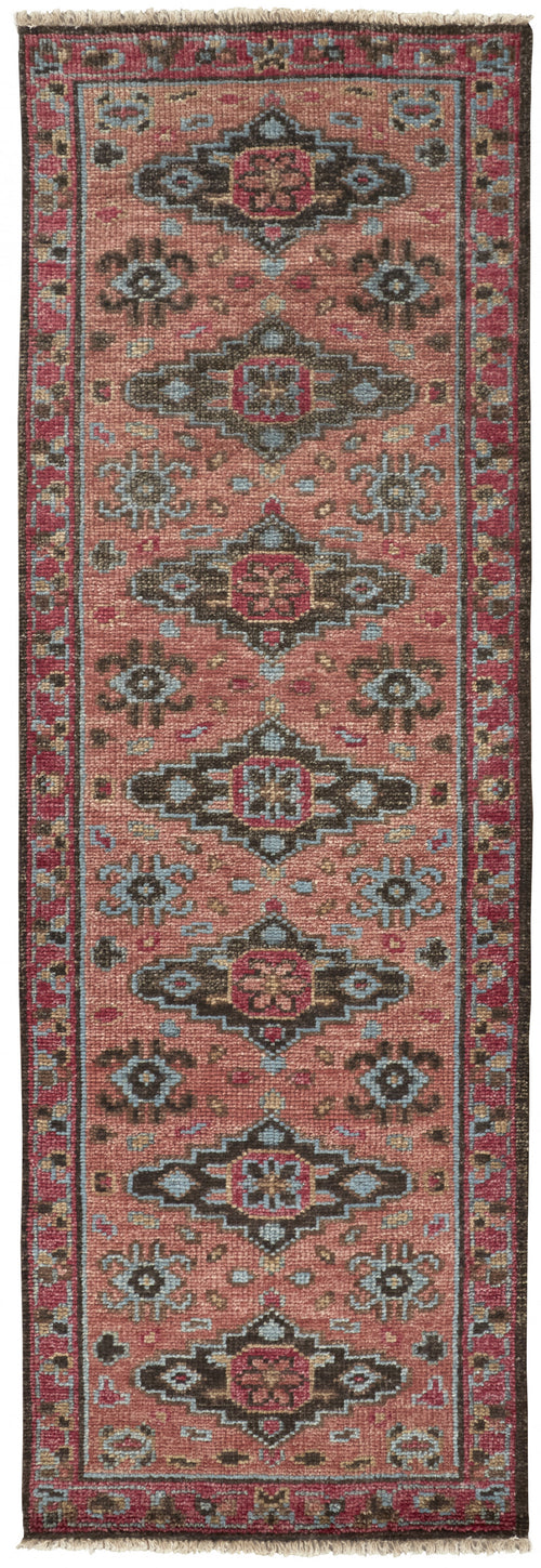 8' Red Orange Wool Floral Hand Knotted Distressed Runner Rug