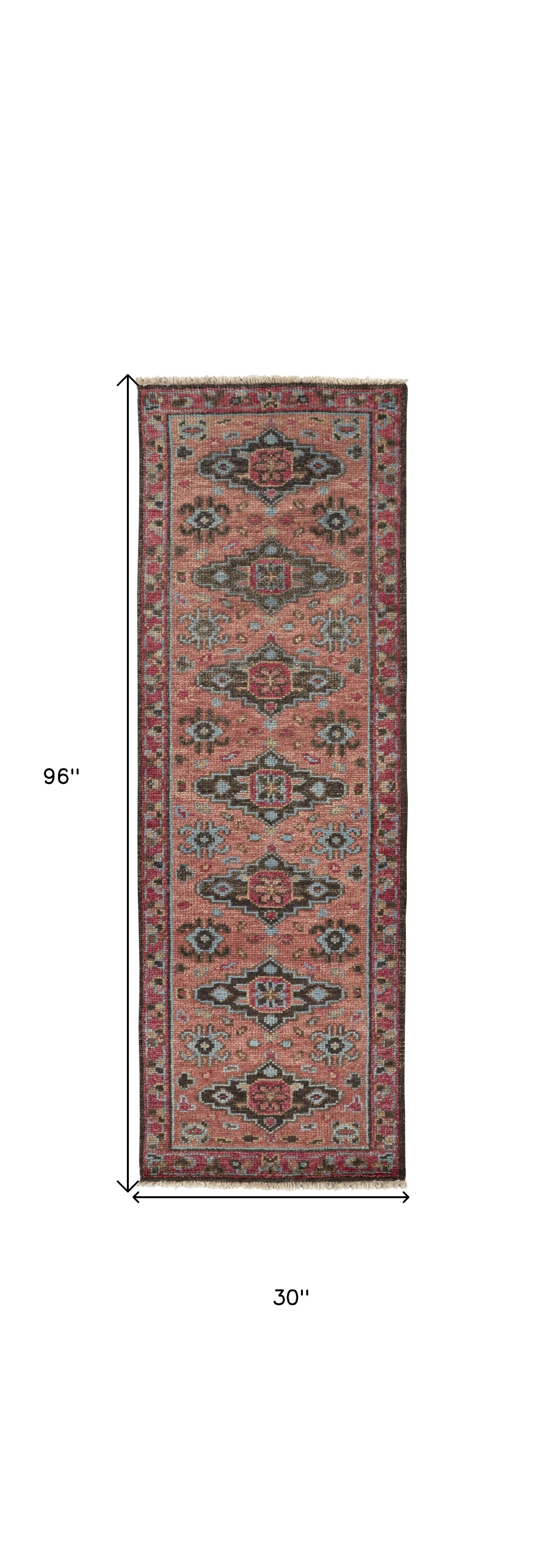 8' Red Orange Wool Floral Hand Knotted Distressed Runner Rug