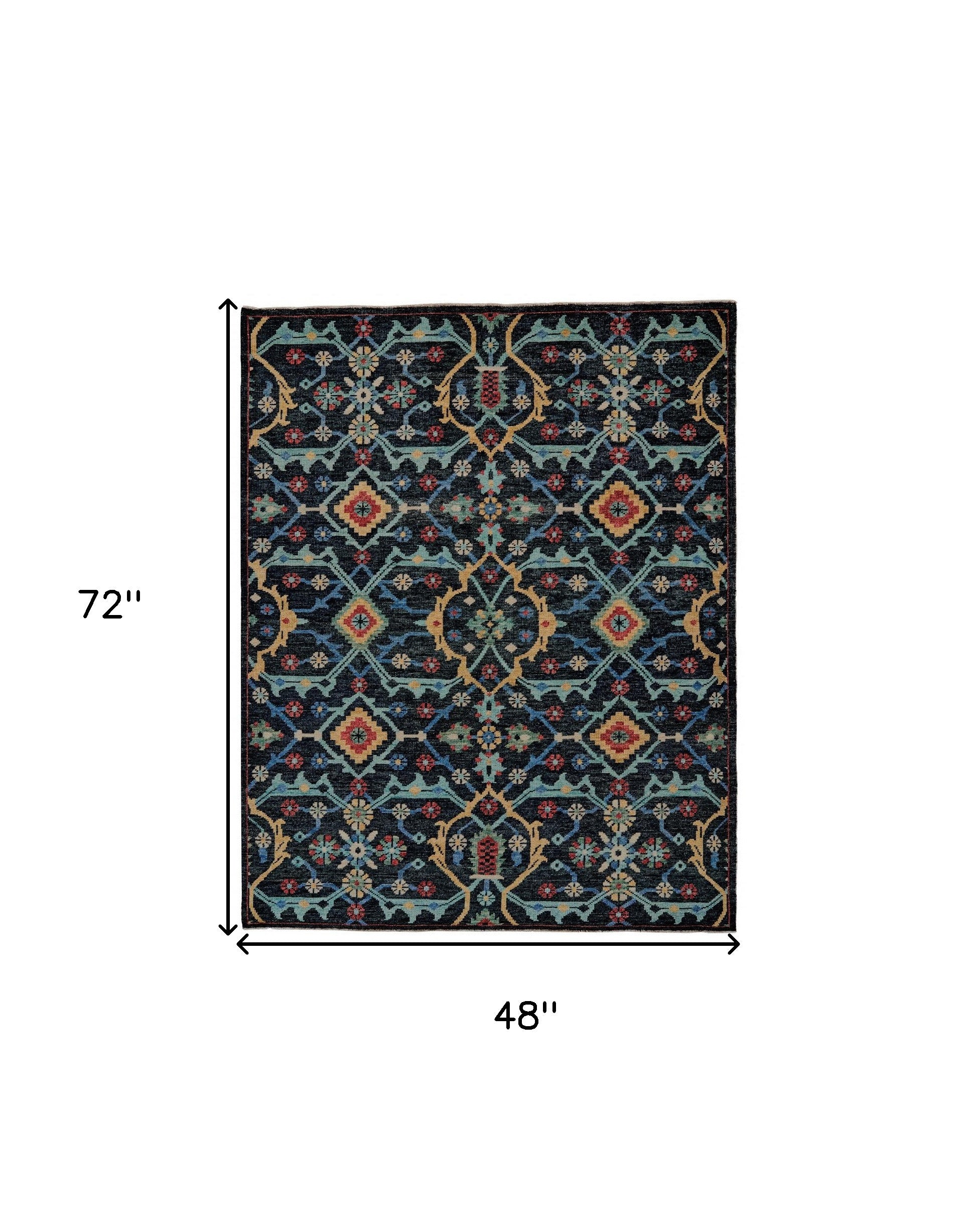 4' X 6' Blue Yellow And Red Wool Floral Hand Knotted Distressed Stain Resistant Area Rug With Fringe