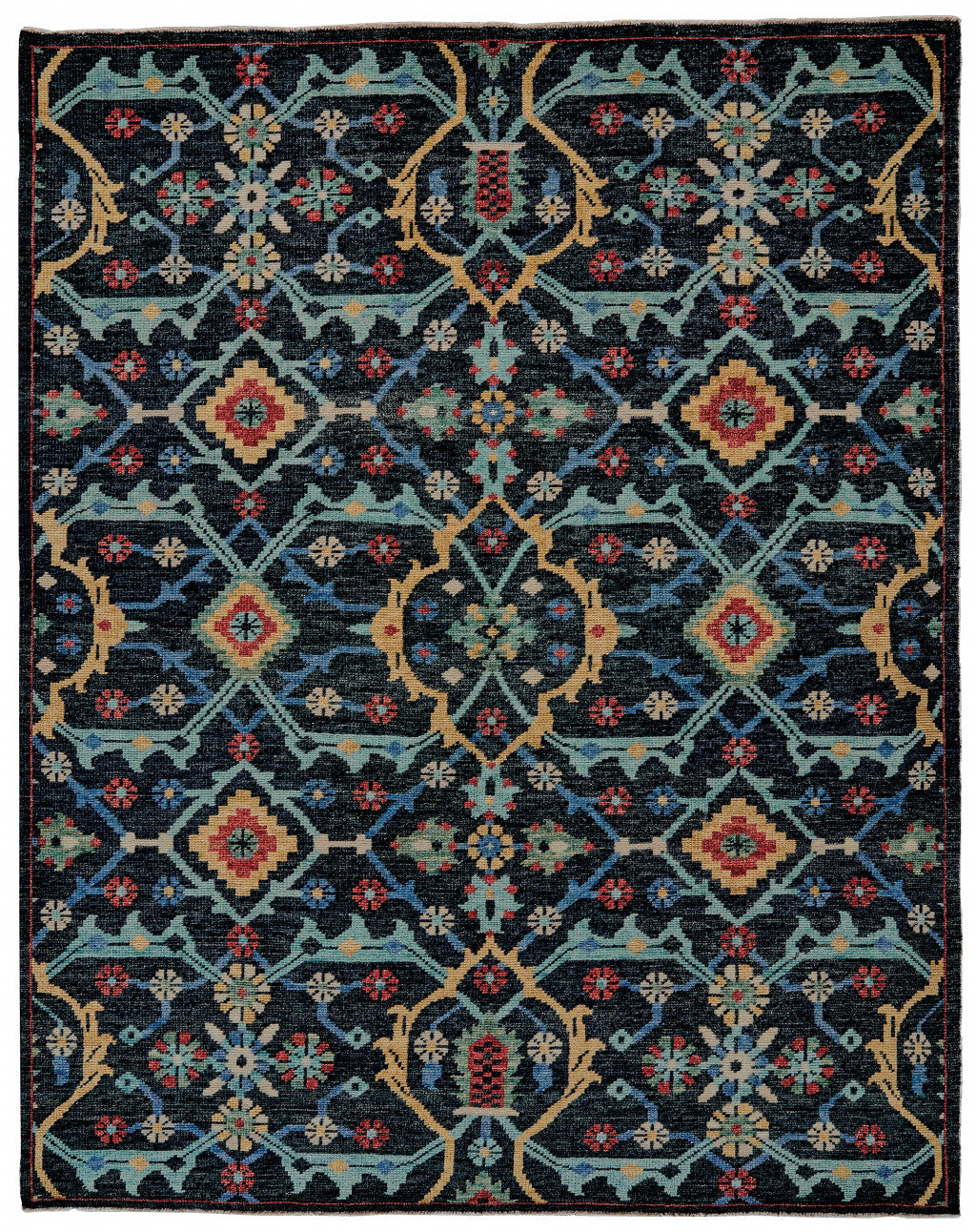 9' X 12' Blue Yellow And Red Wool Floral Hand Knotted Distressed Stain Resistant Area Rug With Fringe