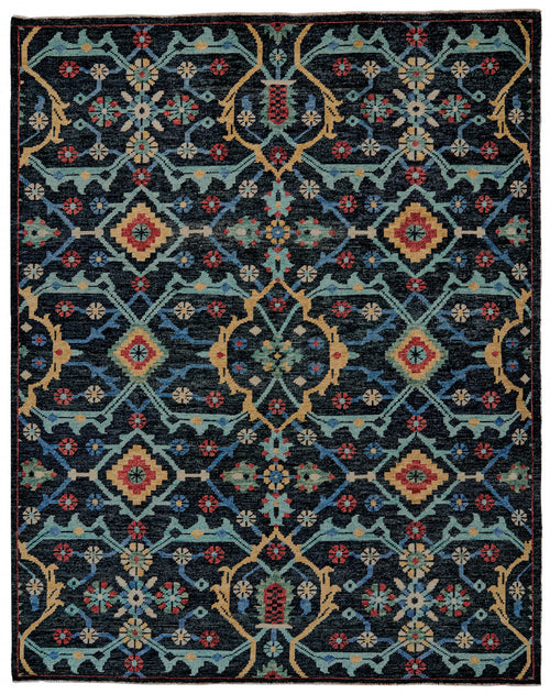 9' X 12' Blue Yellow And Red Wool Floral Hand Knotted Distressed Stain Resistant Area Rug With Fringe