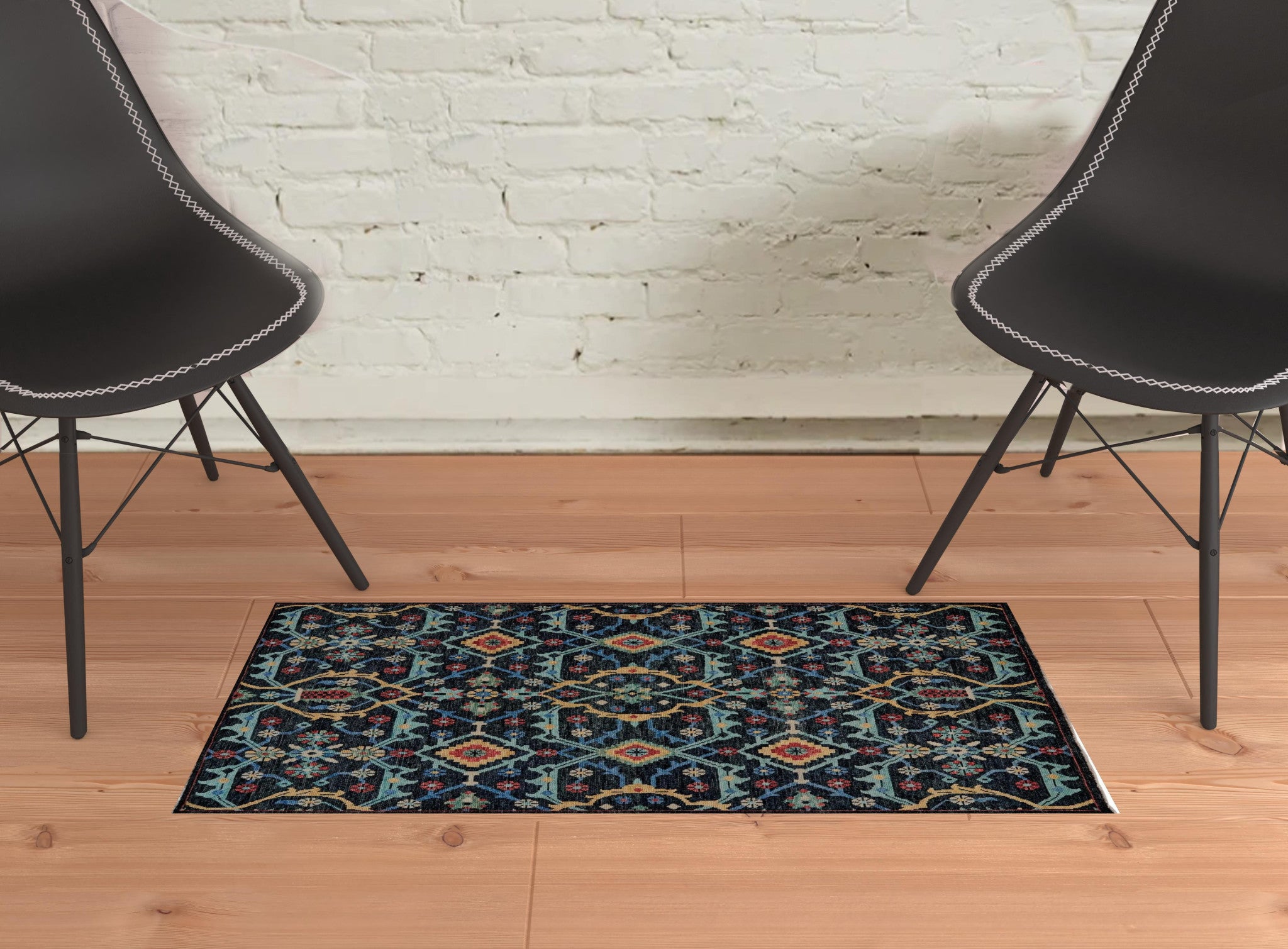 2' X 3' Blue Yellow And Red Wool Floral Hand Knotted Distressed Stain Resistant Area Rug With Fringe