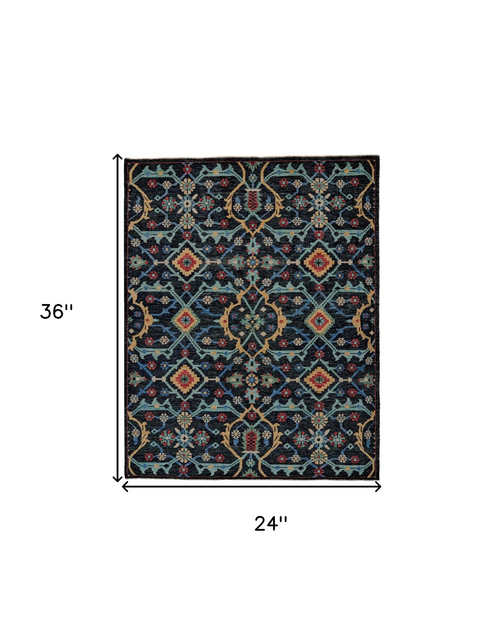 2' X 3' Blue Yellow And Red Wool Floral Hand Knotted Distressed Stain Resistant Area Rug With Fringe