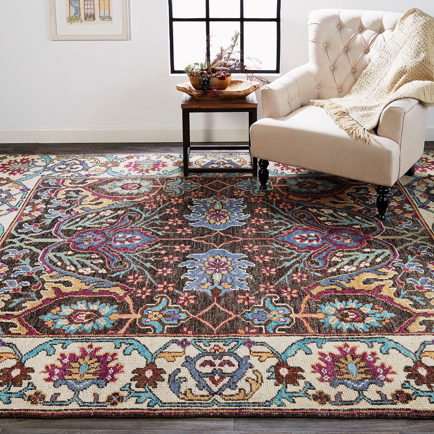 4' X 6' Ivory Brown And Blue Wool Floral Hand Knotted Distressed Stain Resistant Area Rug With Fringe