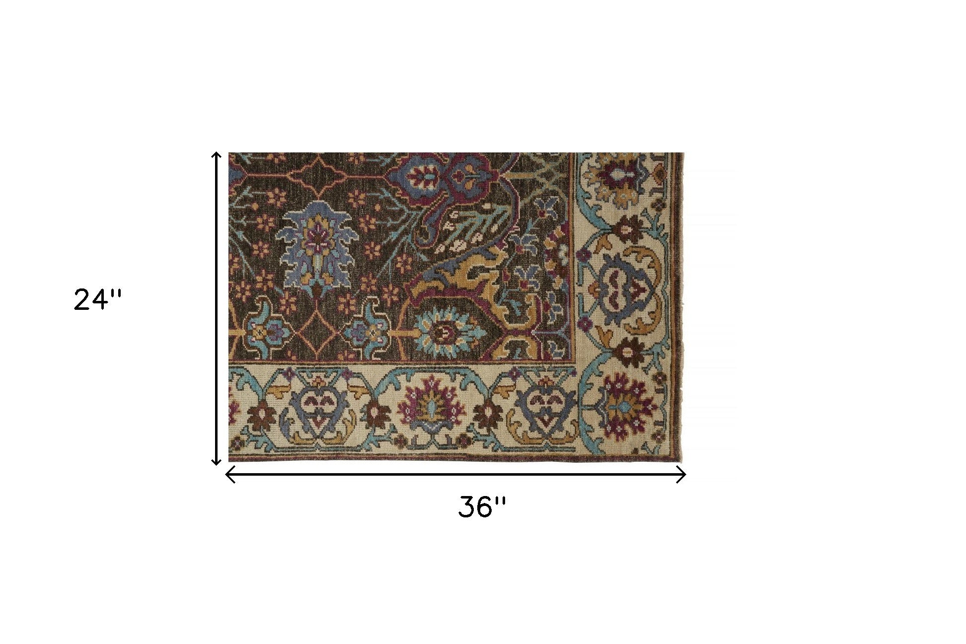 2' X 3' Ivory Brown And Blue Wool Floral Hand Knotted Distressed Stain Resistant Area Rug With Fringe