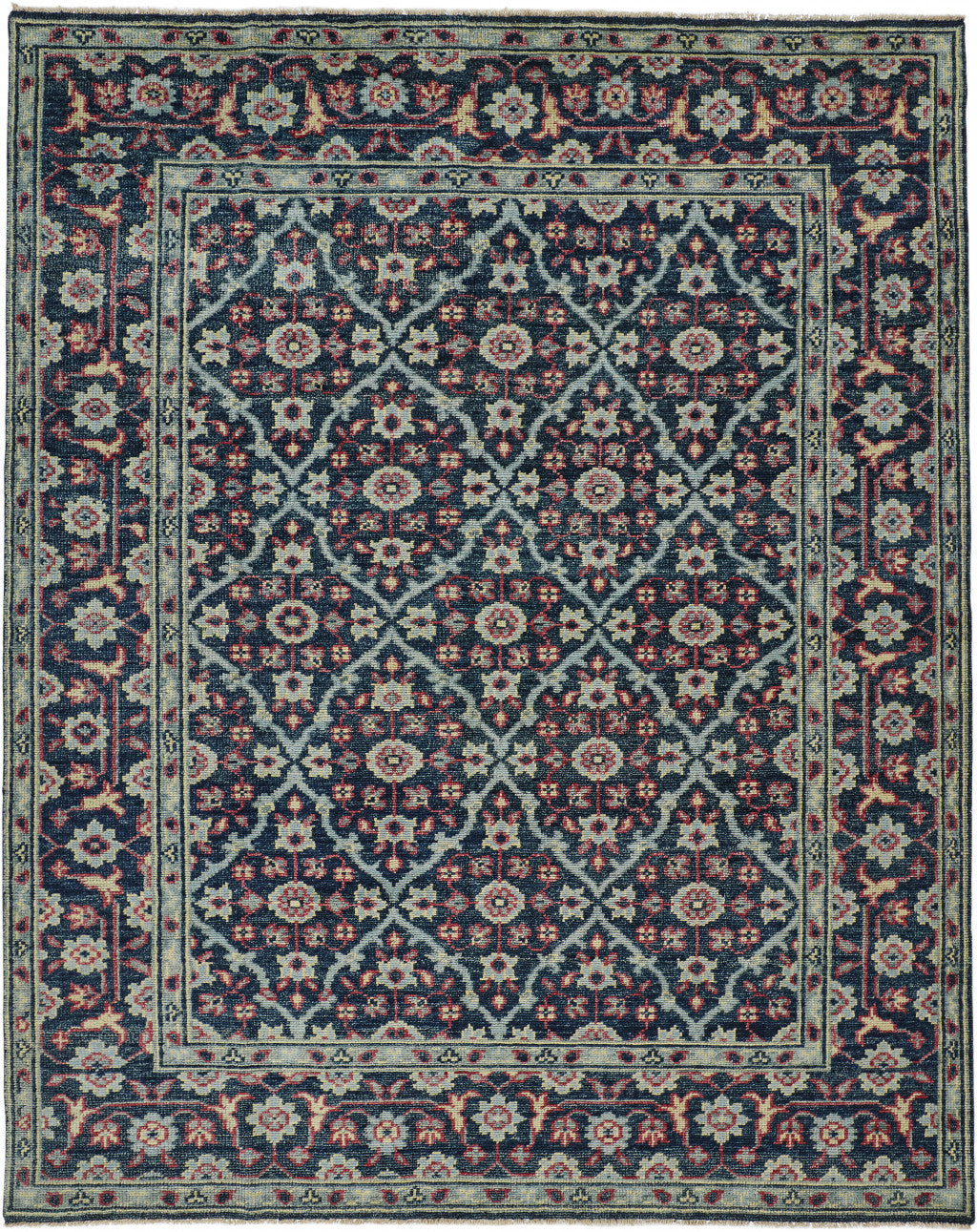 4' X 6' Blue Green And Red Wool Floral Hand Knotted Distressed Stain Resistant Area Rug With Fringe