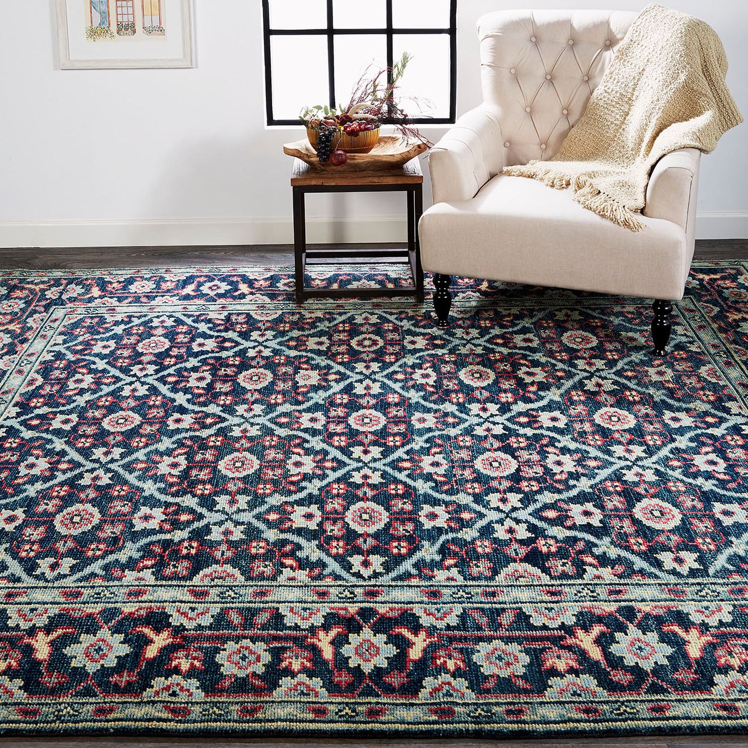 4' X 6' Blue Green And Red Wool Floral Hand Knotted Distressed Stain Resistant Area Rug With Fringe