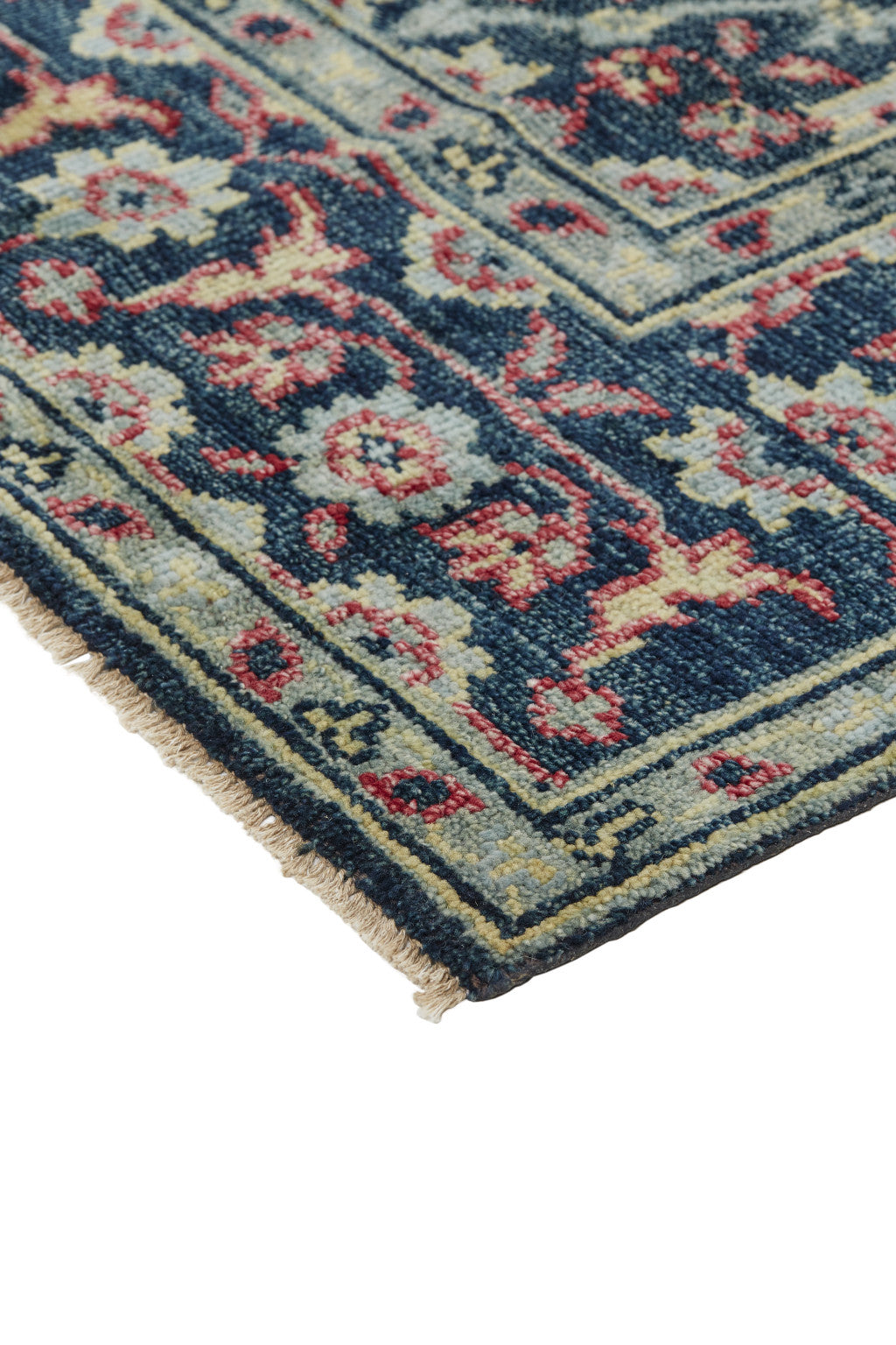 4' X 6' Blue Green And Red Wool Floral Hand Knotted Distressed Stain Resistant Area Rug With Fringe