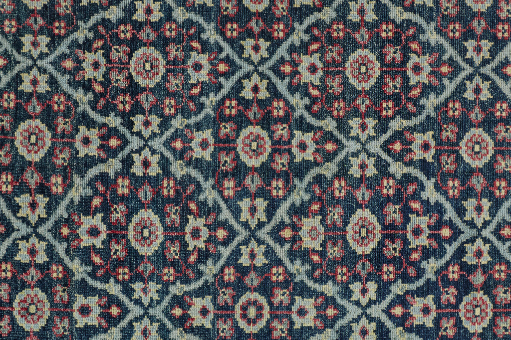 4' X 6' Blue Green And Red Wool Floral Hand Knotted Distressed Stain Resistant Area Rug With Fringe