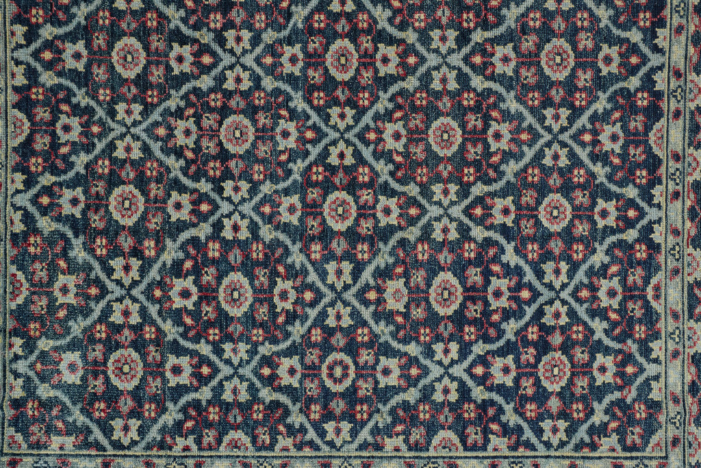 4' X 6' Blue Green And Red Wool Floral Hand Knotted Distressed Stain Resistant Area Rug With Fringe