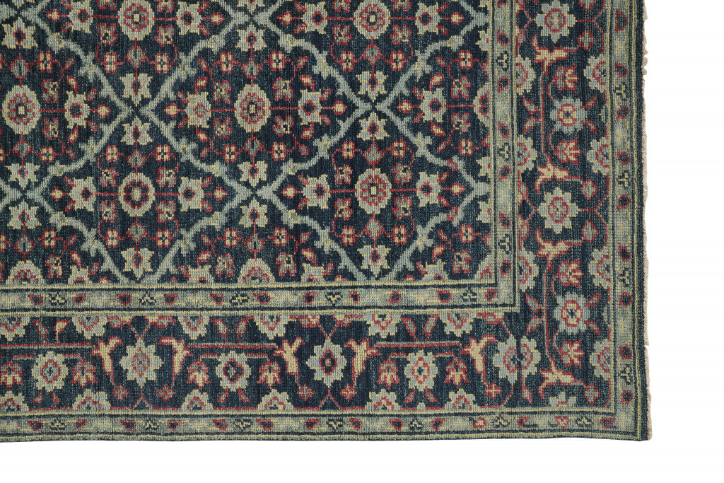 4' X 6' Blue Green And Red Wool Floral Hand Knotted Distressed Stain Resistant Area Rug With Fringe