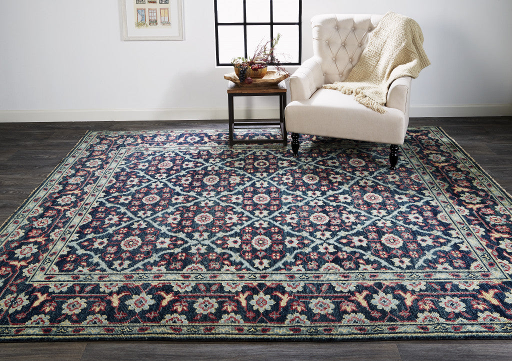 5' X 8' Blue Green And Red Wool Floral Hand Knotted Distressed Stain Resistant Area Rug With Fringe