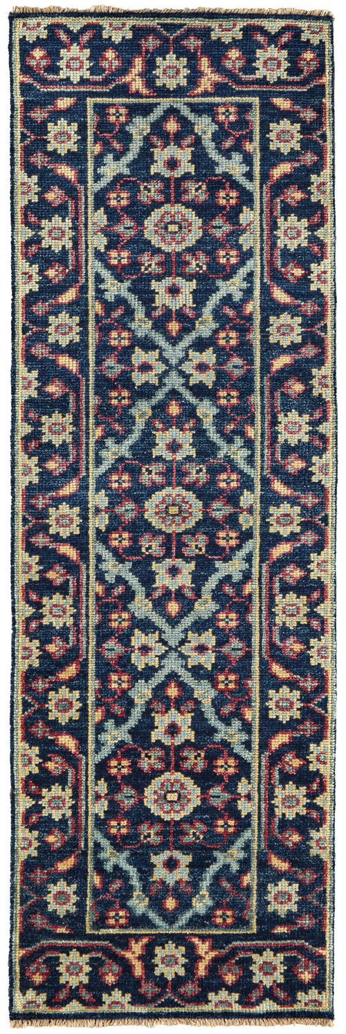 8' Blue Green And Red Wool Floral Hand Knotted Distressed Stain Resistant Runner Rug With Fringe