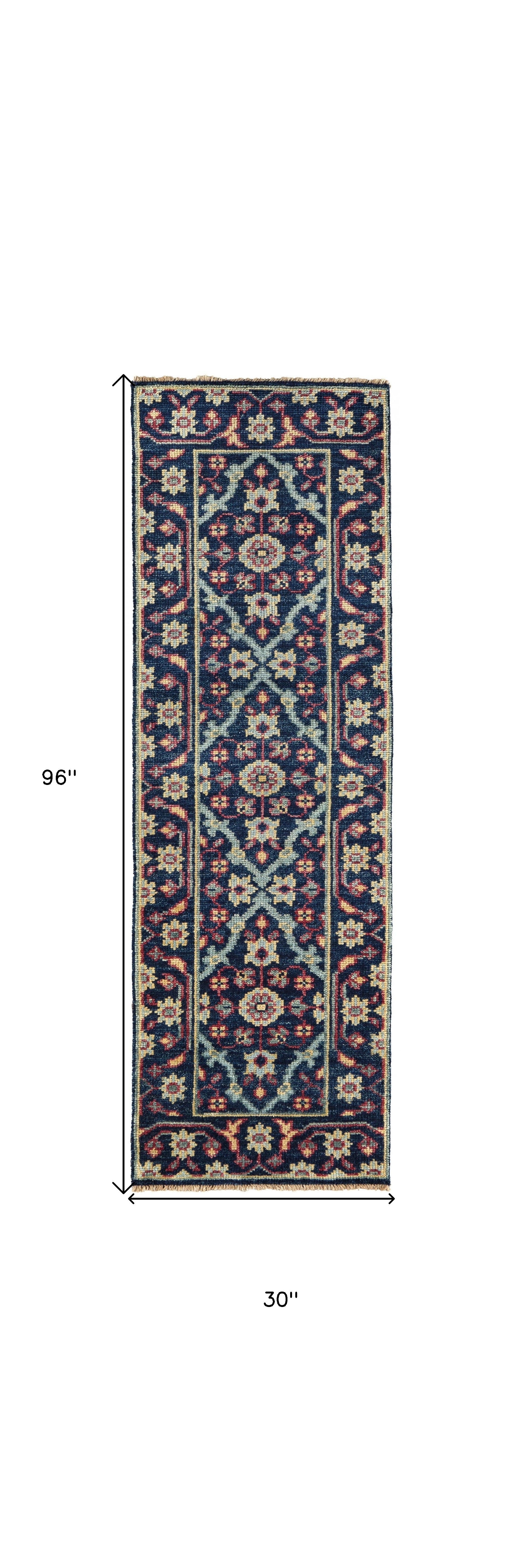 8' Blue Green And Red Wool Floral Hand Knotted Distressed Stain Resistant Runner Rug With Fringe