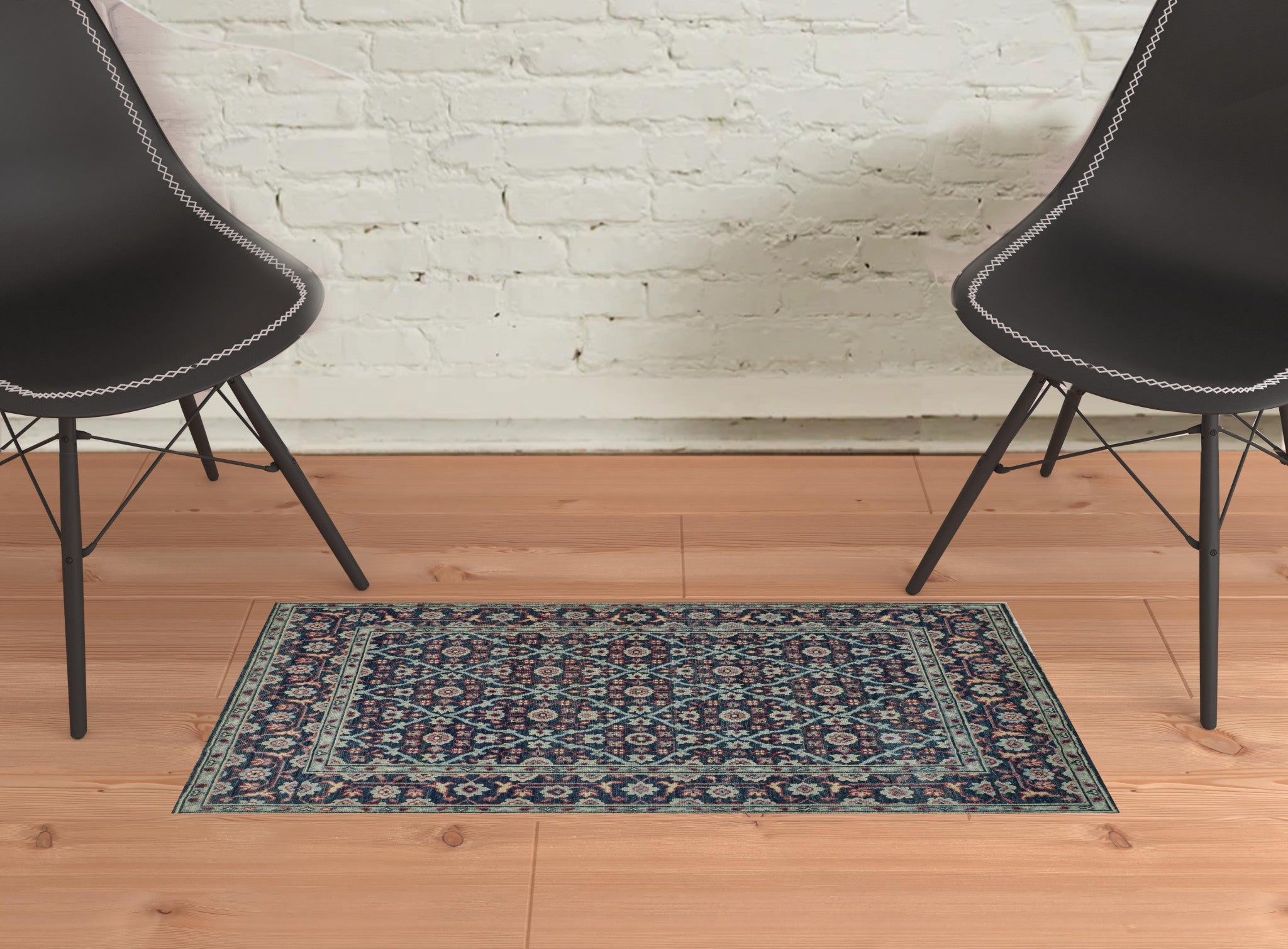 2' X 3' Blue Green And Red Wool Floral Hand Knotted Distressed Stain Resistant Area Rug With Fringe