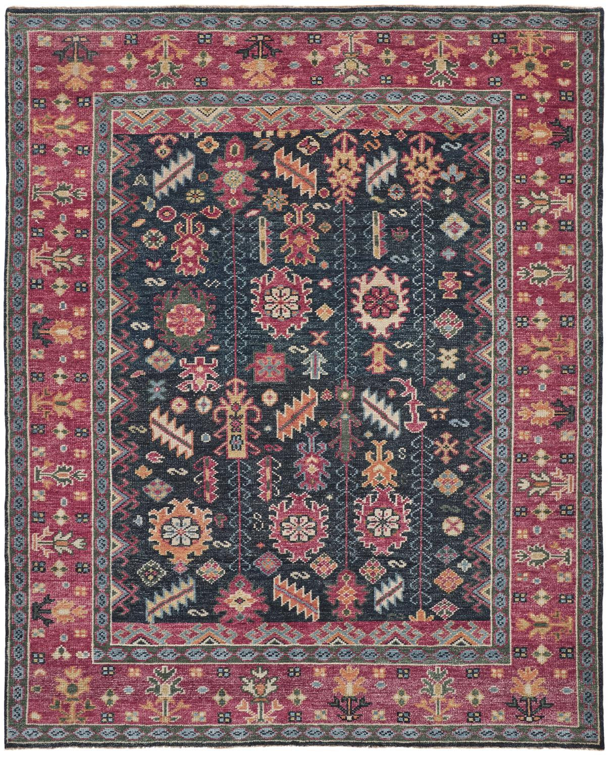 4' X 6' Pink Blue And Orange Wool Floral Hand Knotted Distressed Stain Resistant Area Rug With Fringe