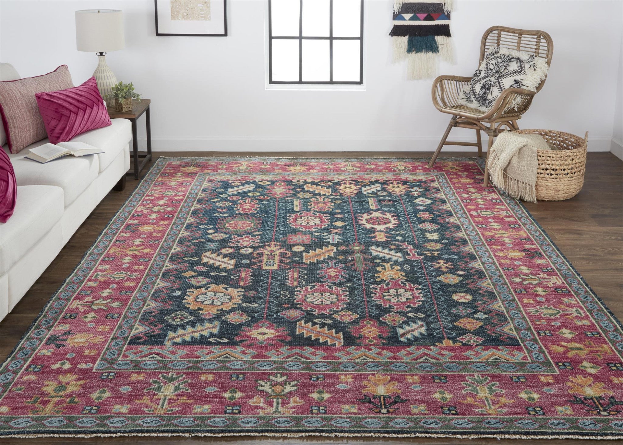 4' X 6' Pink Blue And Orange Wool Floral Hand Knotted Distressed Stain Resistant Area Rug With Fringe