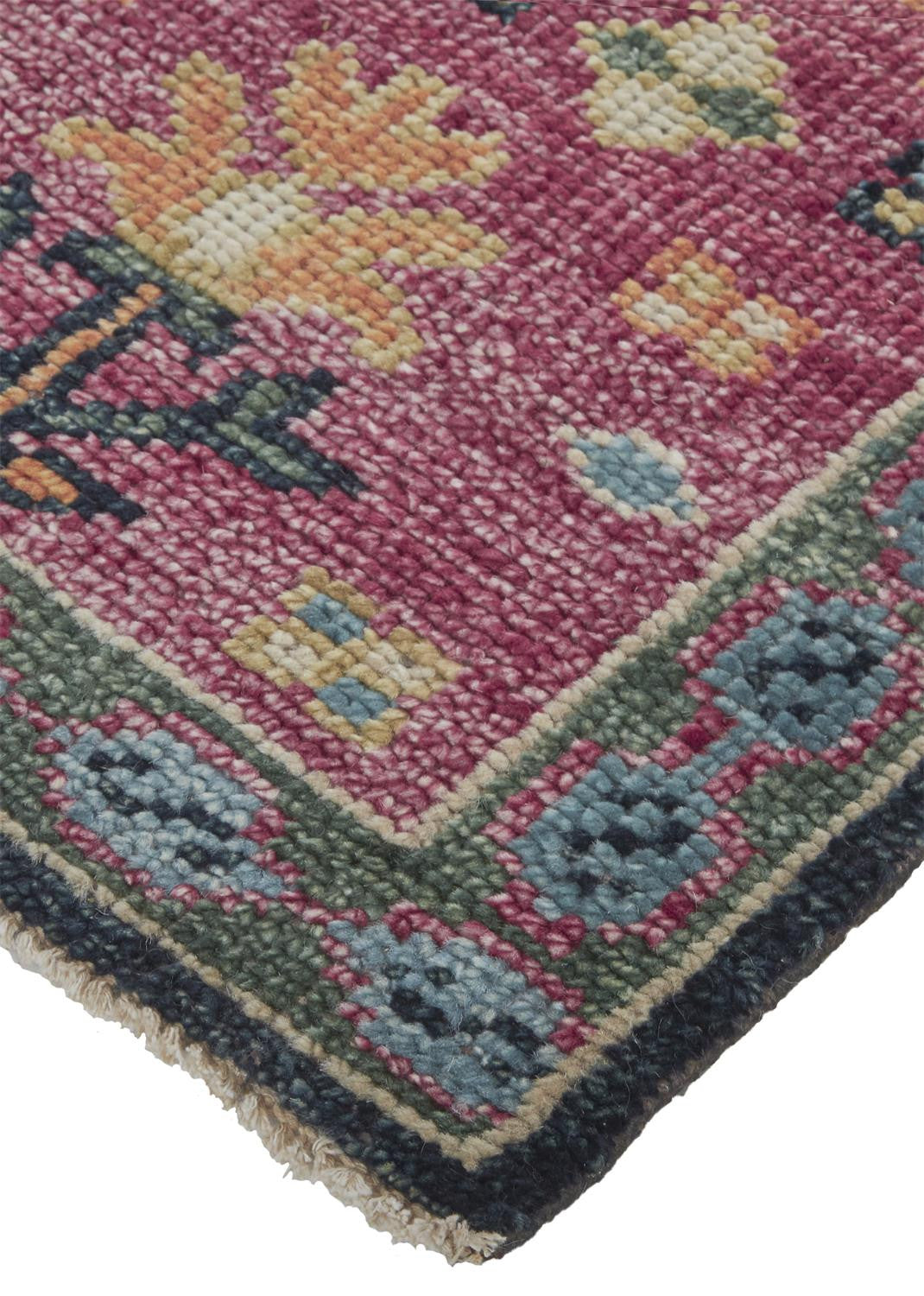 5' X 8' Pink Blue And Orange Wool Floral Hand Knotted Distressed Stain Resistant Area Rug With Fringe