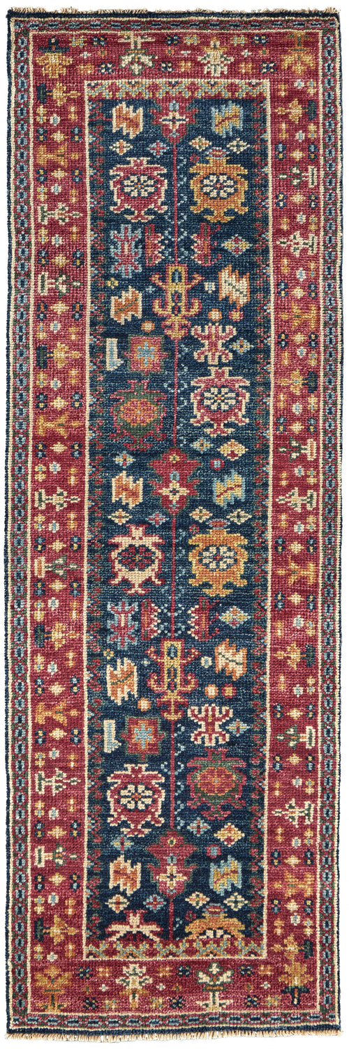 8' Pink Blue And Orange Wool Floral Hand Knotted Distressed Stain Resistant Runner Rug With Fringe