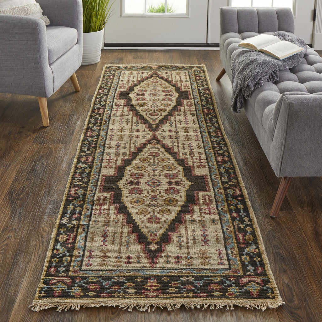 8' Brown Yellow And Green Wool Floral Hand Knotted Distressed Stain Resistant Runner Rug With Fringe