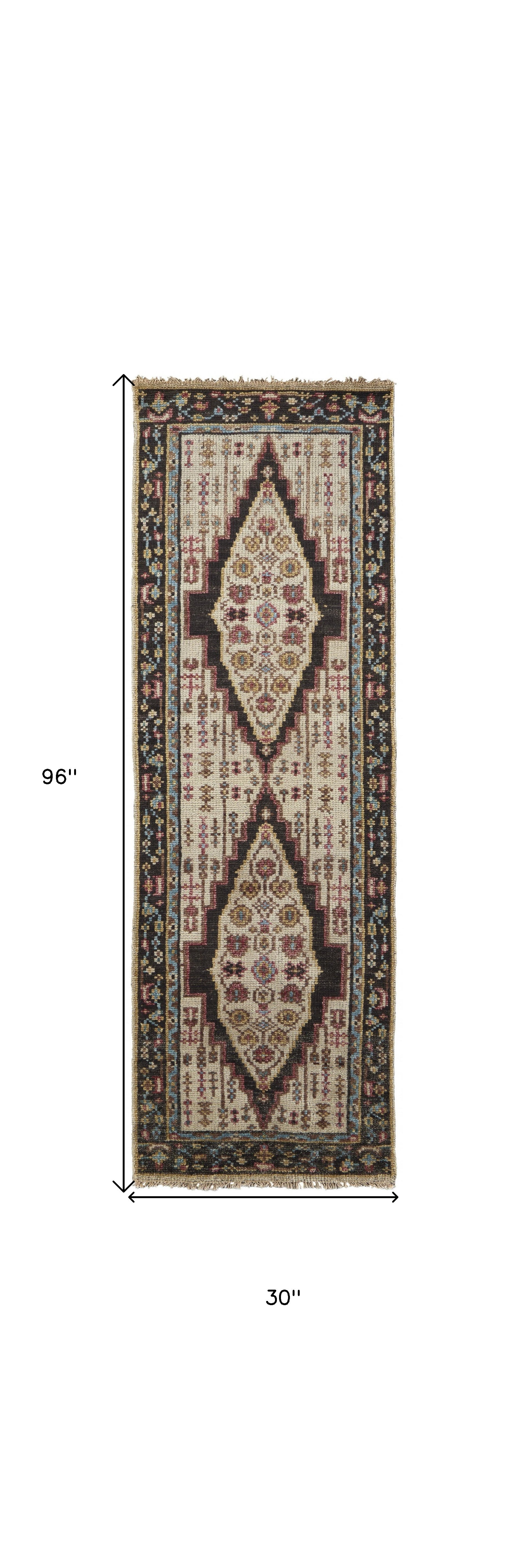 8' Brown Yellow And Green Wool Floral Hand Knotted Distressed Stain Resistant Runner Rug With Fringe