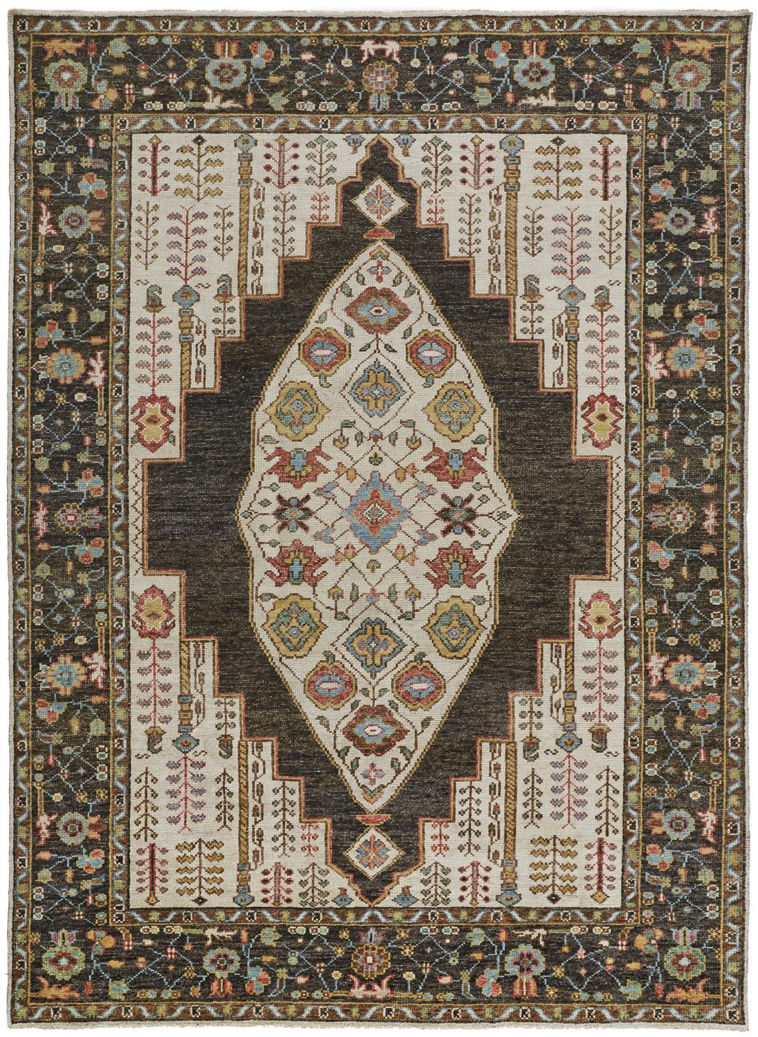 2' X 3' Brown Yellow And Green Wool Floral Hand Knotted Distressed Stain Resistant Area Rug With Fringe