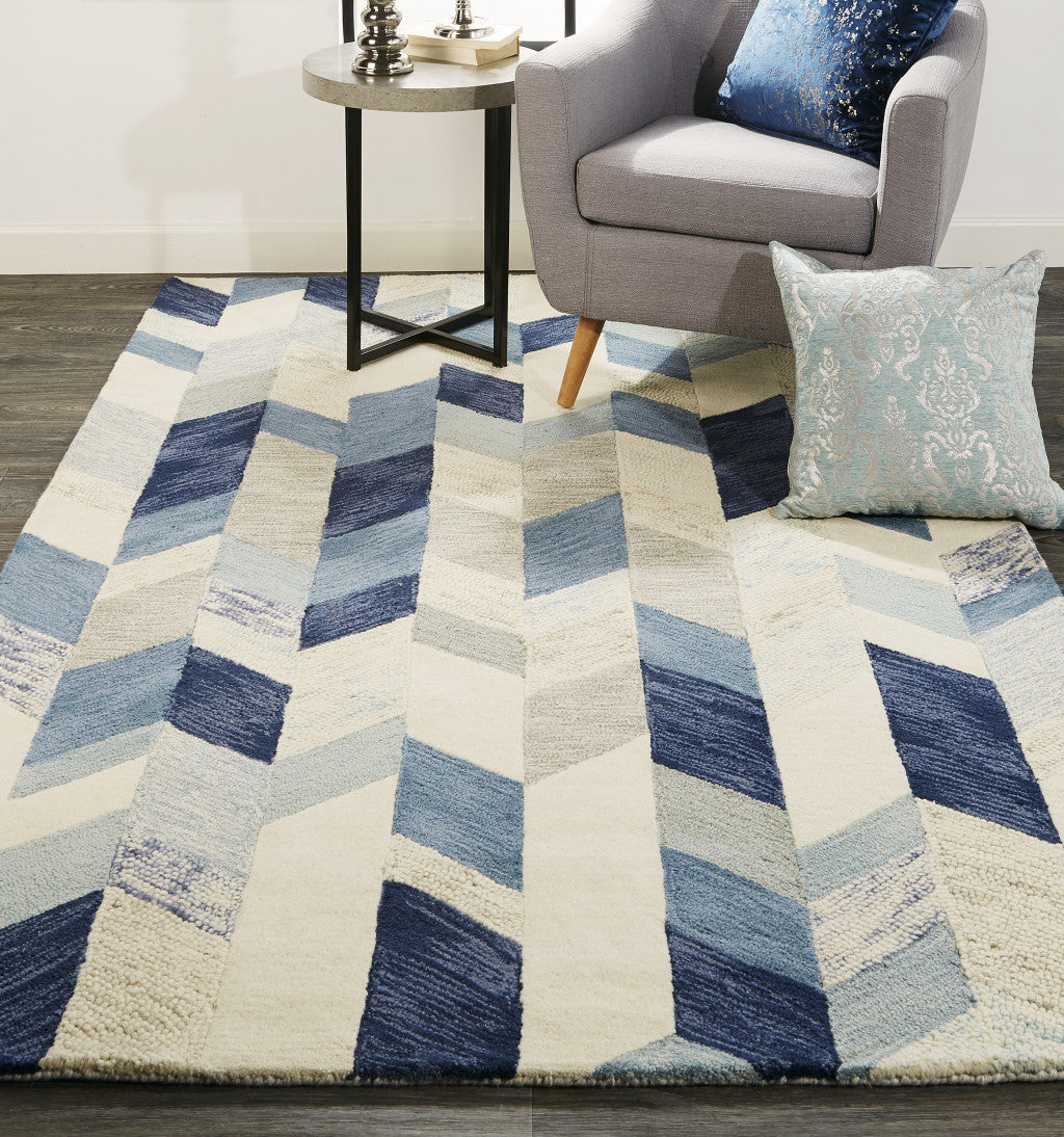 5' X 8' Blue Ivory And Gray Wool Geometric Tufted Handmade Area Rug