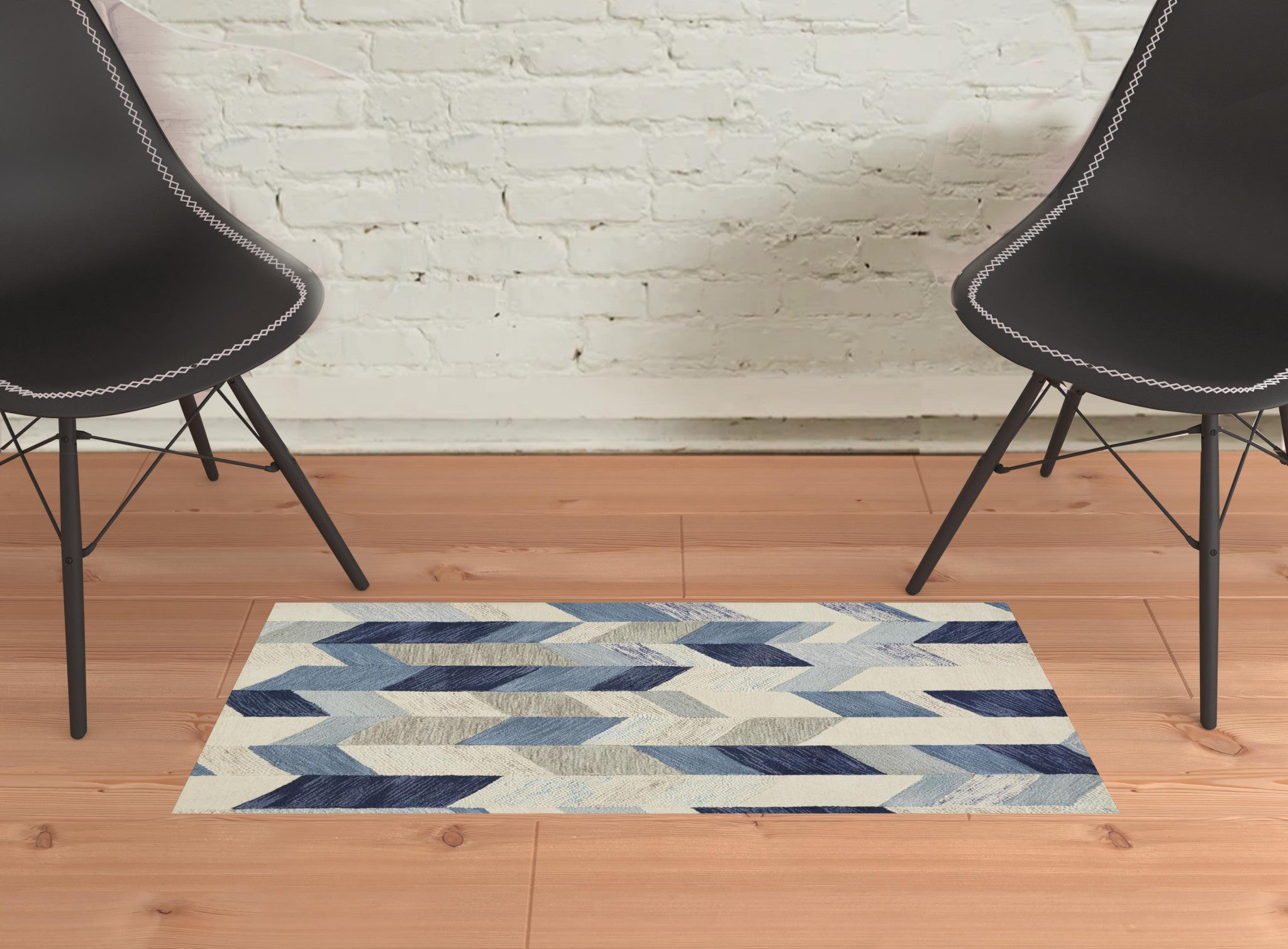 2' X 3' Blue Ivory And Gray Wool Geometric Tufted Handmade Area Rug