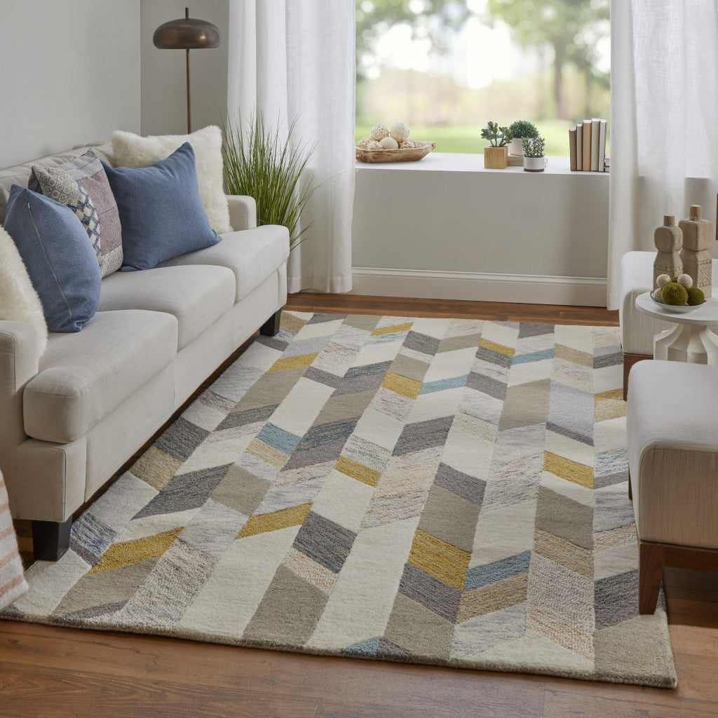 4' X 6' Ivory Taupe And Blue Wool Geometric Tufted Handmade Area Rug