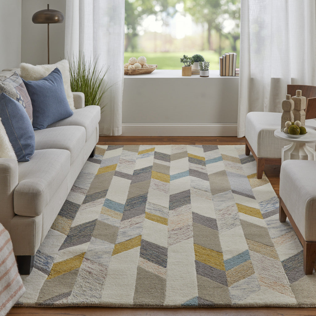 4' X 6' Ivory Taupe And Blue Wool Geometric Tufted Handmade Area Rug