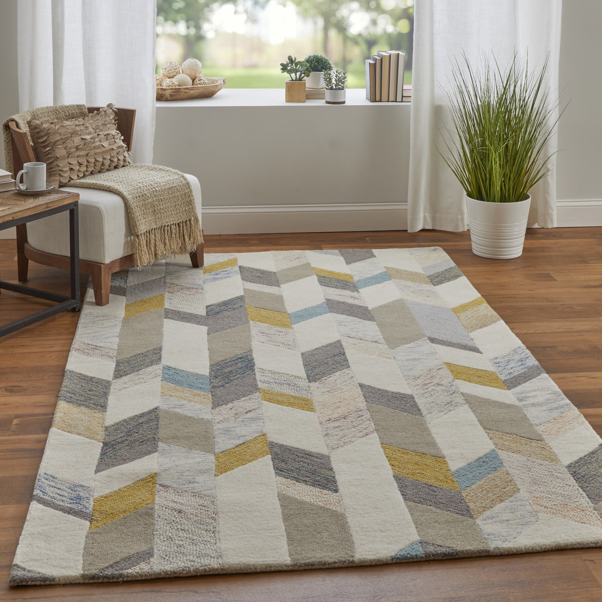 4' X 6' Ivory Taupe And Blue Wool Geometric Tufted Handmade Area Rug