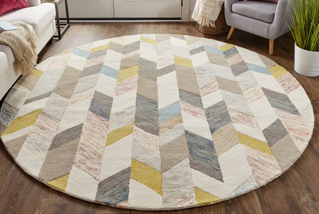 8' Ivory Taupe And Blue Round Wool Geometric Tufted Handmade Area Rug