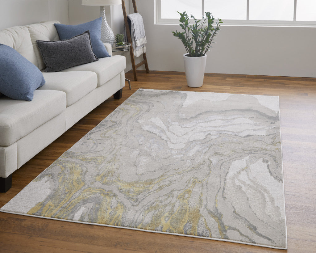 7' X 10' Gold Ivory And Gray Abstract Stain Resistant Area Rug