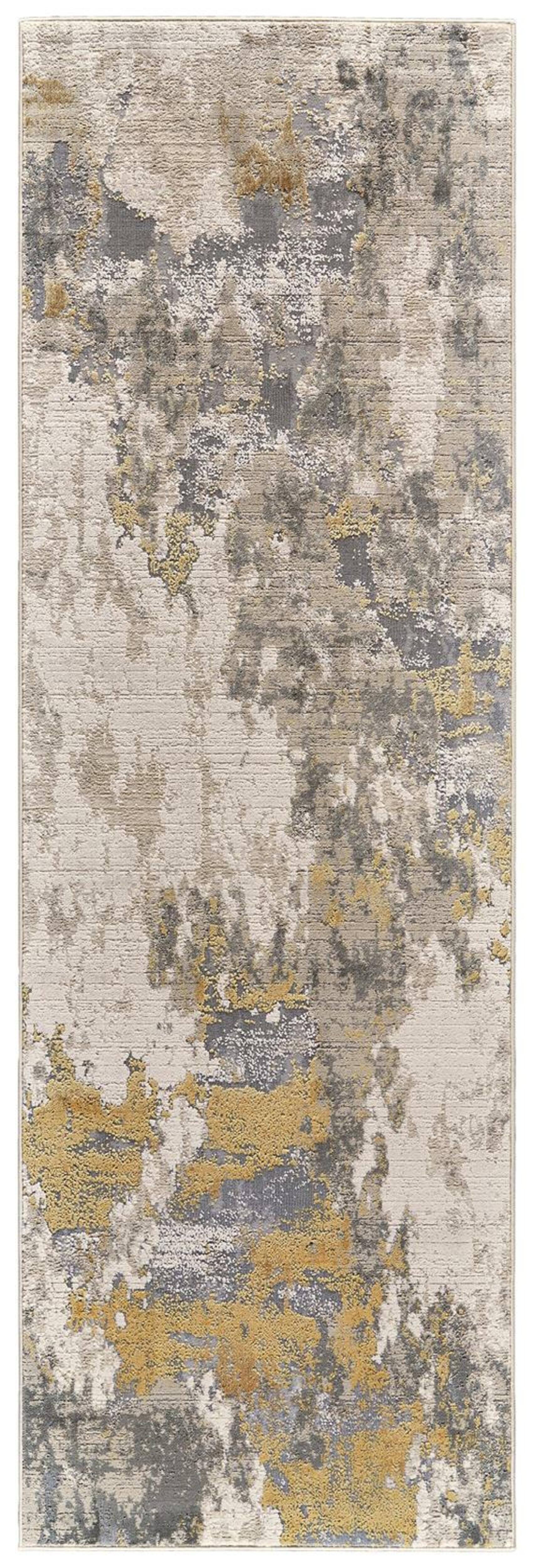 8' Ivory Gold And Gray Abstract Stain Resistant Runner Rug