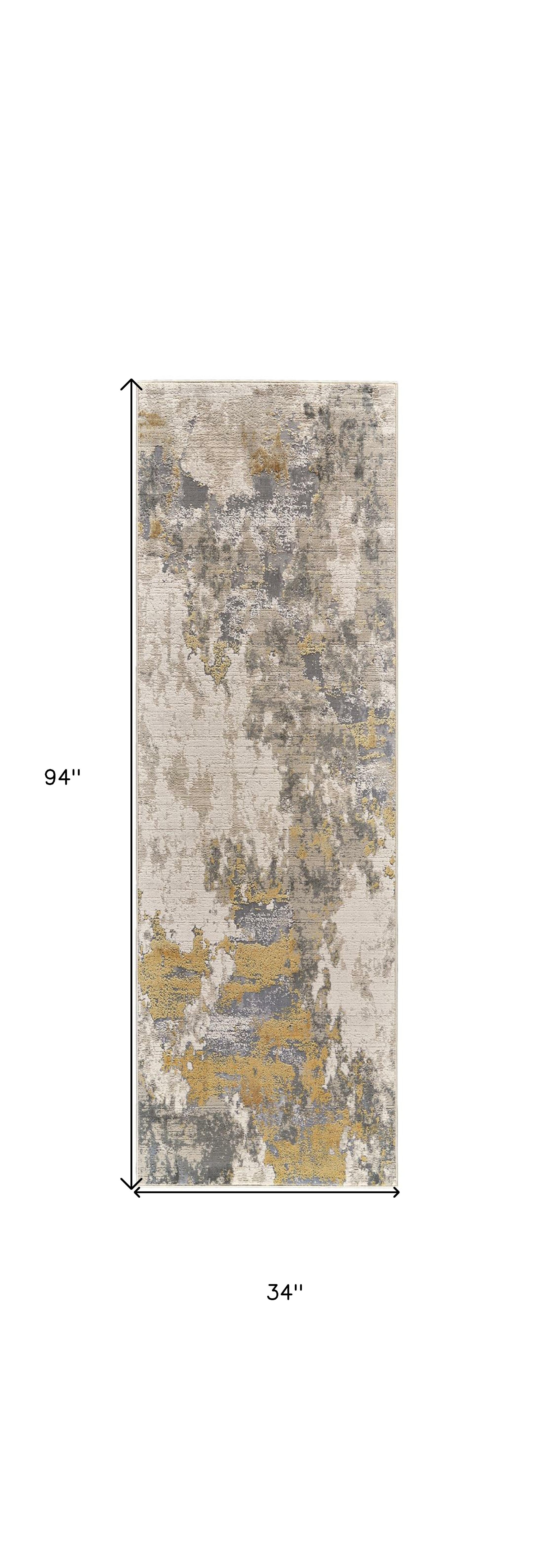 8' Ivory Gold And Gray Abstract Stain Resistant Runner Rug