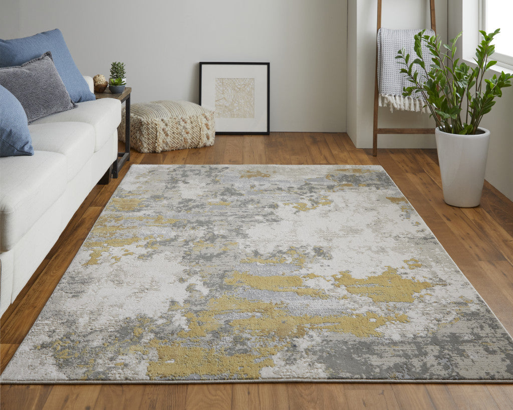 2' X 3' Ivory Gold And Gray Abstract Stain Resistant Area Rug