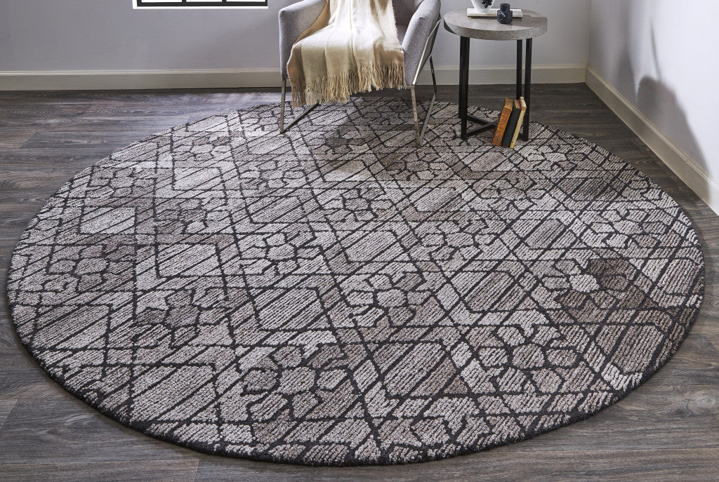 8' Taupe Black And Gray Round Wool Paisley Tufted Handmade Area Rug