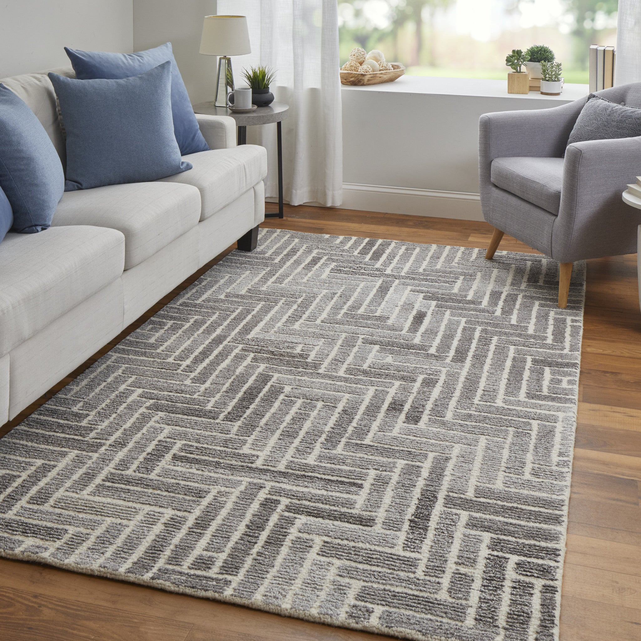 10' X 14' Taupe Gray And Tan Wool Geometric Tufted Handmade Area Rug