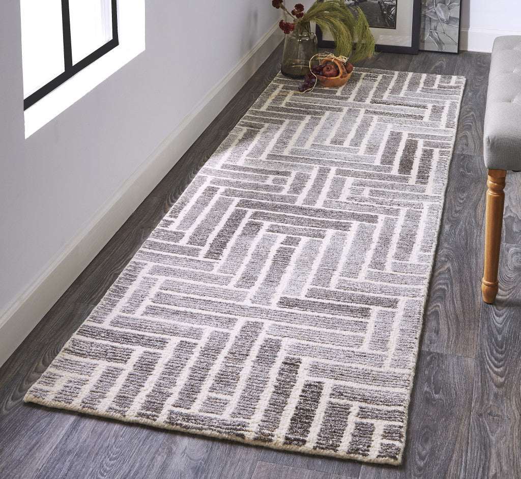 8' Taupe Gray And Tan Wool Geometric Tufted Handmade Runner Rug