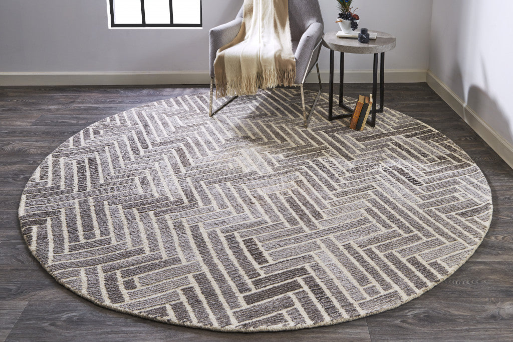 8' Taupe Gray And Tan Round Wool Geometric Tufted Handmade Area Rug