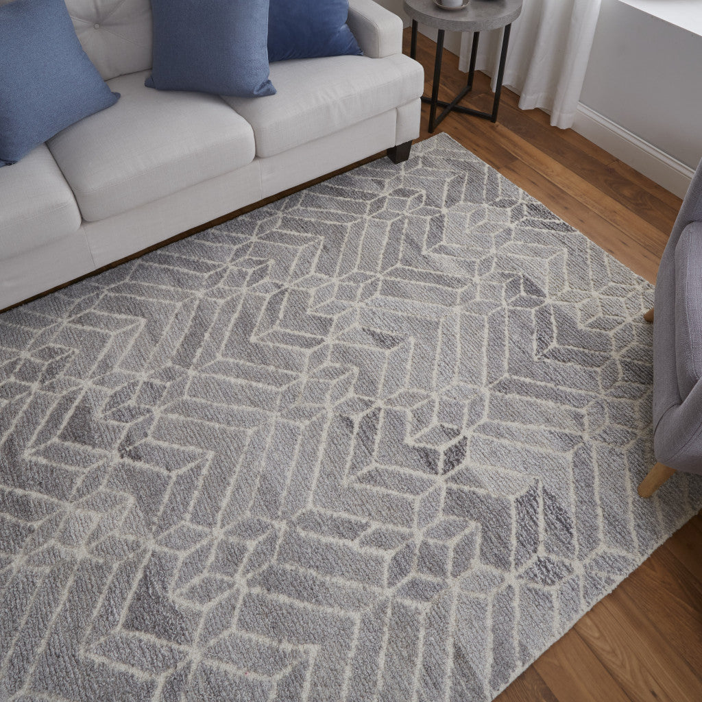 9' X 12' Taupe Gray And Ivory Wool Geometric Tufted Handmade Area Rug