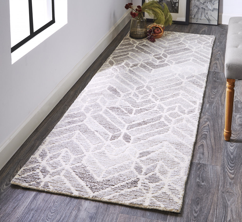 8' Taupe Gray And Ivory Wool Geometric Tufted Handmade Runner Rug