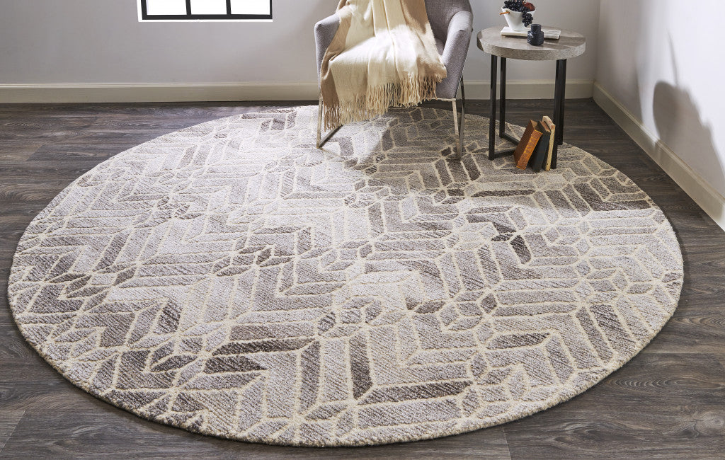 10' Taupe Gray And Ivory Round Wool Geometric Tufted Handmade Area Rug