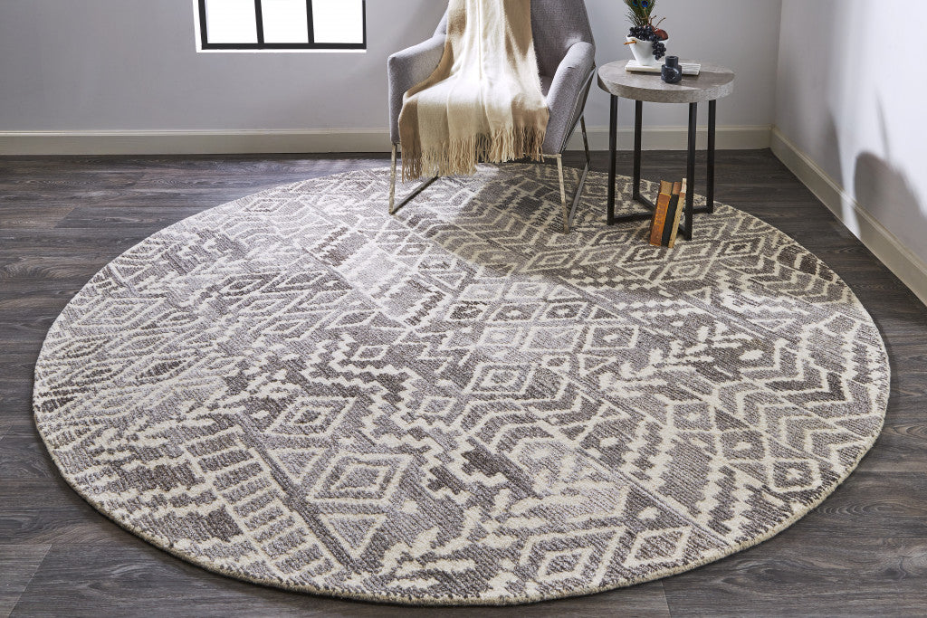 8' Gray And White Round Wool Abstract Tufted Handmade Area Rug